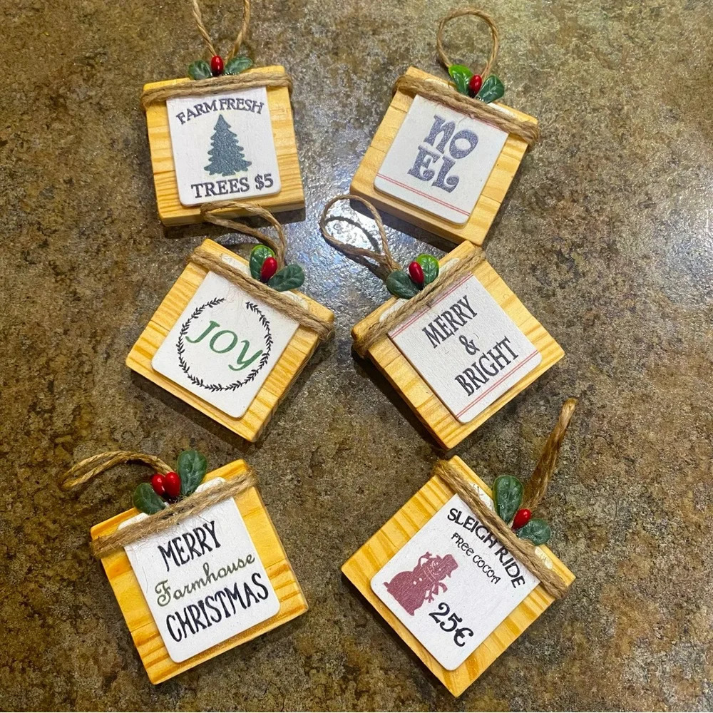 Farmhouse Christmas Ornaments set of 6 Rustic Country Handmade